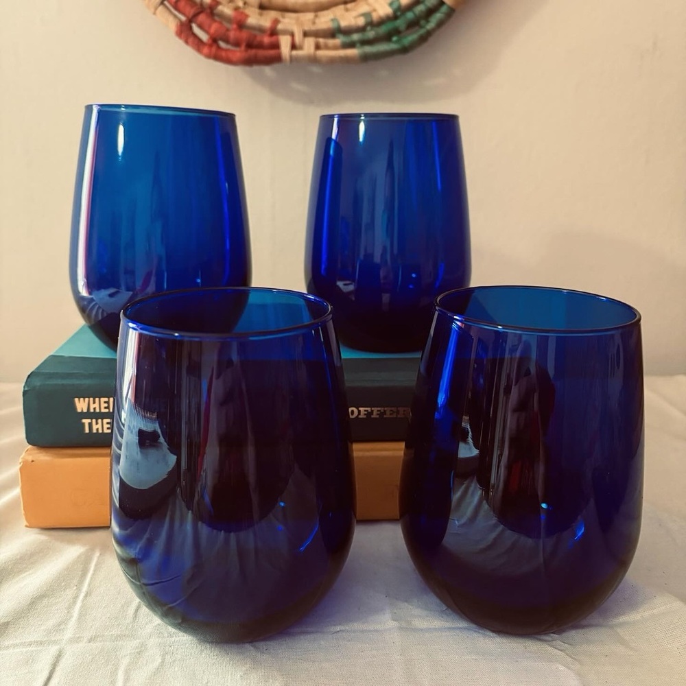 1990’s Cobalt Blue Stemless Wine Glass Tumblers Friends Inspired Celstial Boho